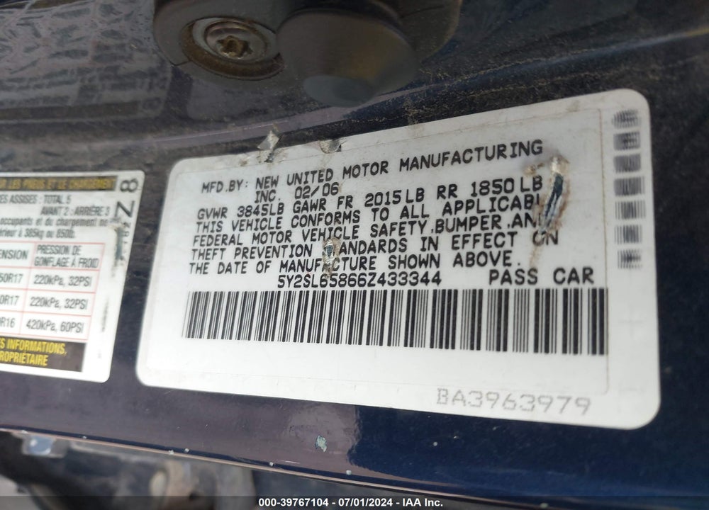 2006 PONTIAC VIBE VIN: 5Y2SL65866Z433344