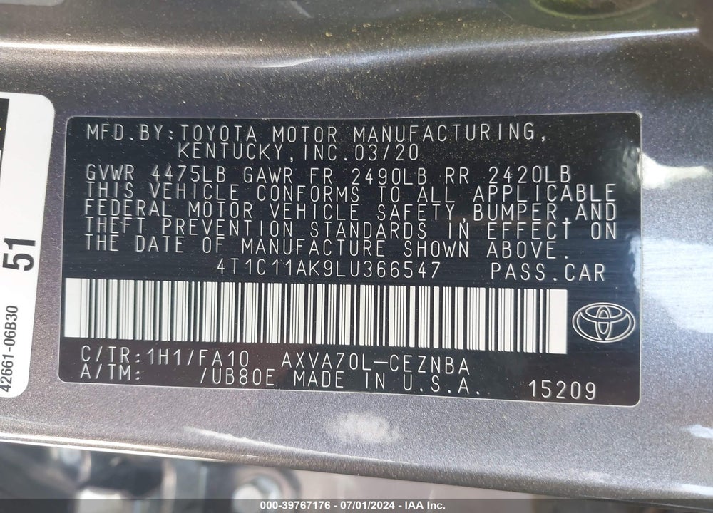 2020 TOYOTA CAMRY LE VIN: 4T1C11AK9LU366547