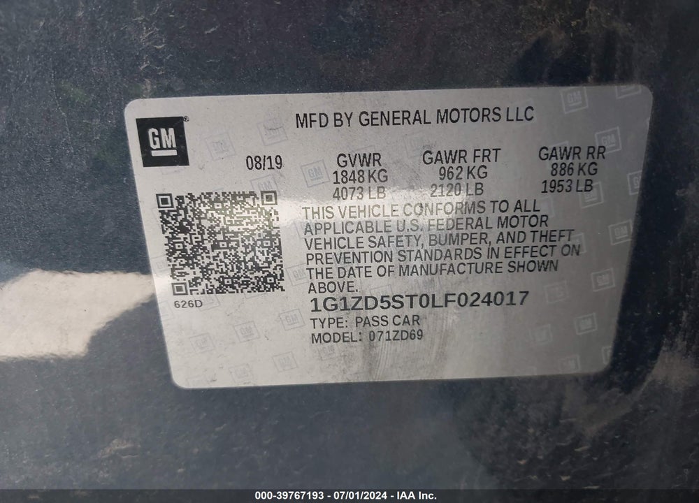 2020 CHEVROLET MALIBU FWD LT VIN: 1G1ZD5ST0LF024017