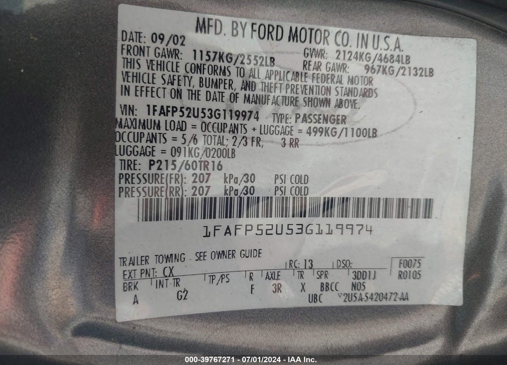 2003 FORD TAURUS LX VIN: 1FAFP52U53G119974