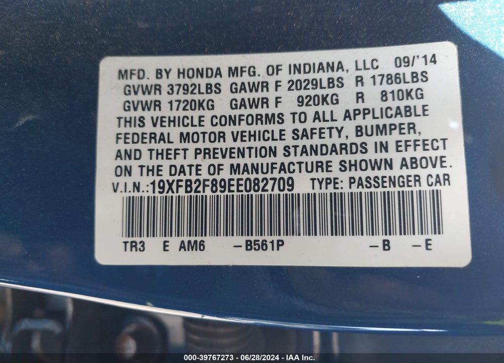 2014 HONDA CIVIC EX VIN: 19XFB2F89EE082709