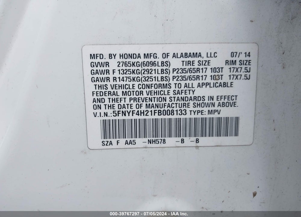 2015 HONDA PILOT LX VIN: 5FNYF4H21FB008133
