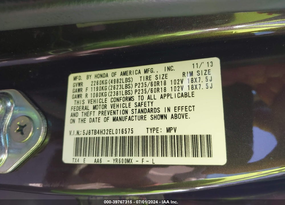 2014 ACURA RDX VIN: 5J8TB4H32EL016575