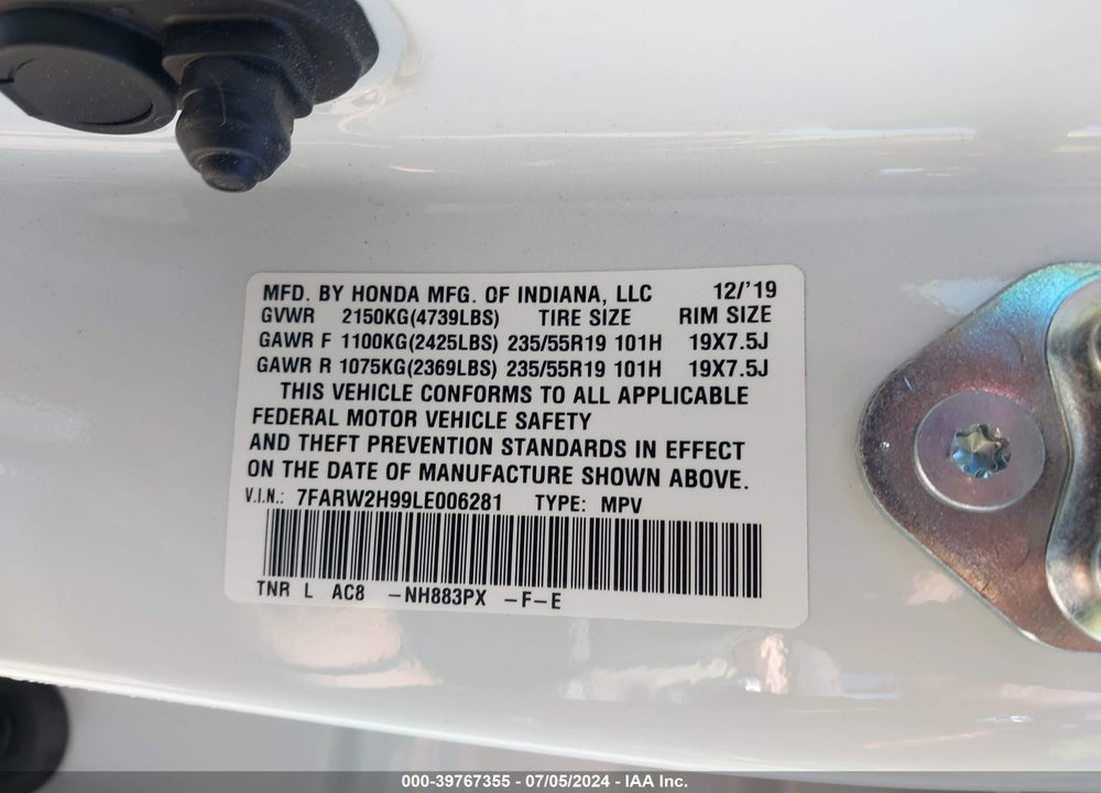 2020 HONDA CR-V AWD TOURING VIN: 7FARW2H99LE006281