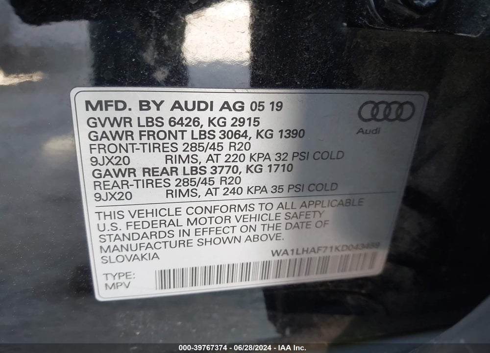 2019 AUDI Q7 45 PREMIUM VIN: WA1LHAF71KD043459