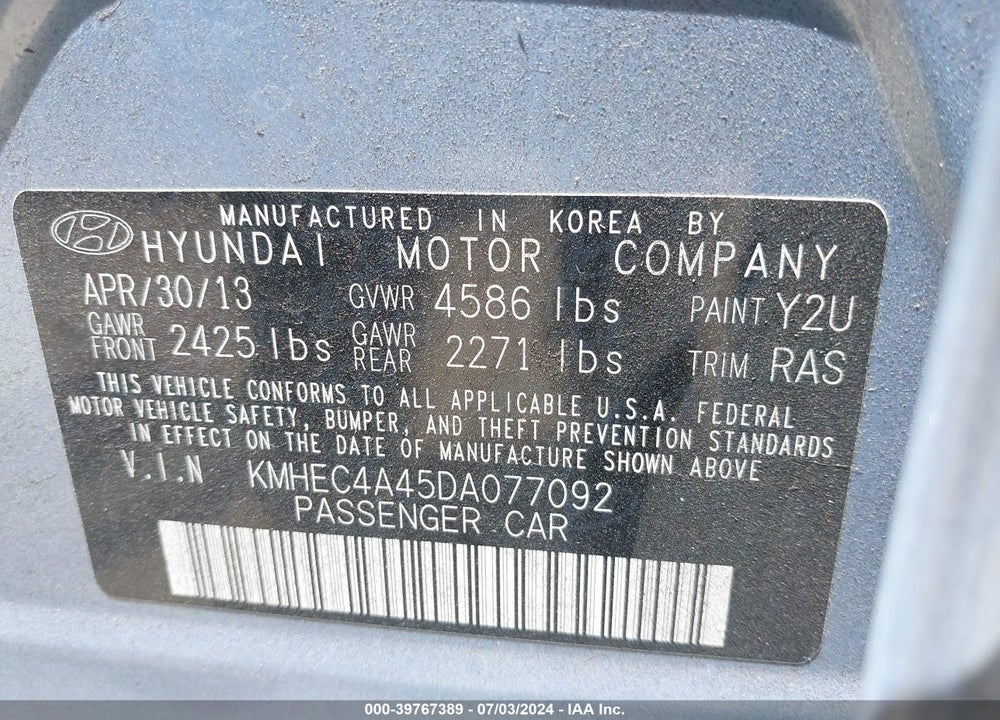 2013 HYUNDAI SONATA HYBRID LIMITED VIN: KMHEC4A45DA077092