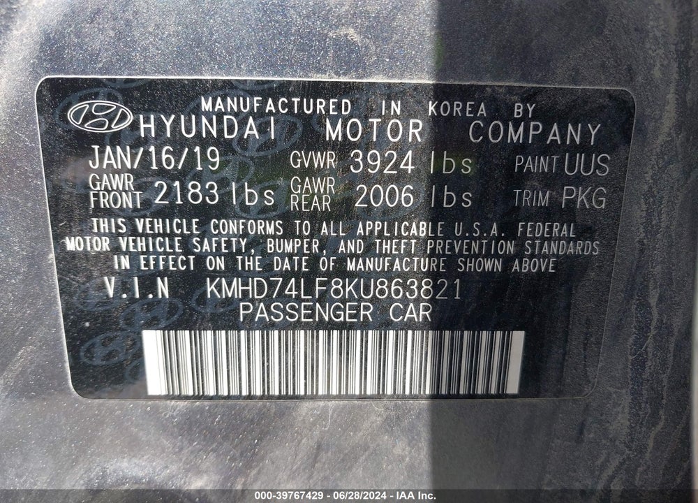 2019 HYUNDAI ELANTRA SE VIN: KMHD74LF8KU863821