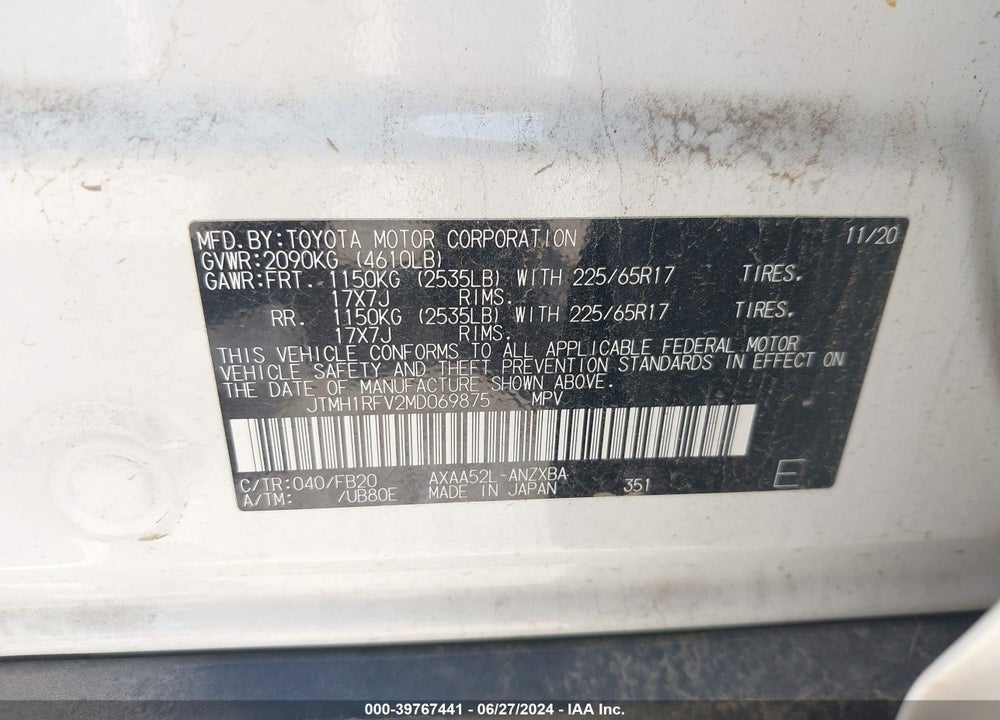 2021 TOYOTA RAV4 LE VIN: JTMH1RFV2MD069875