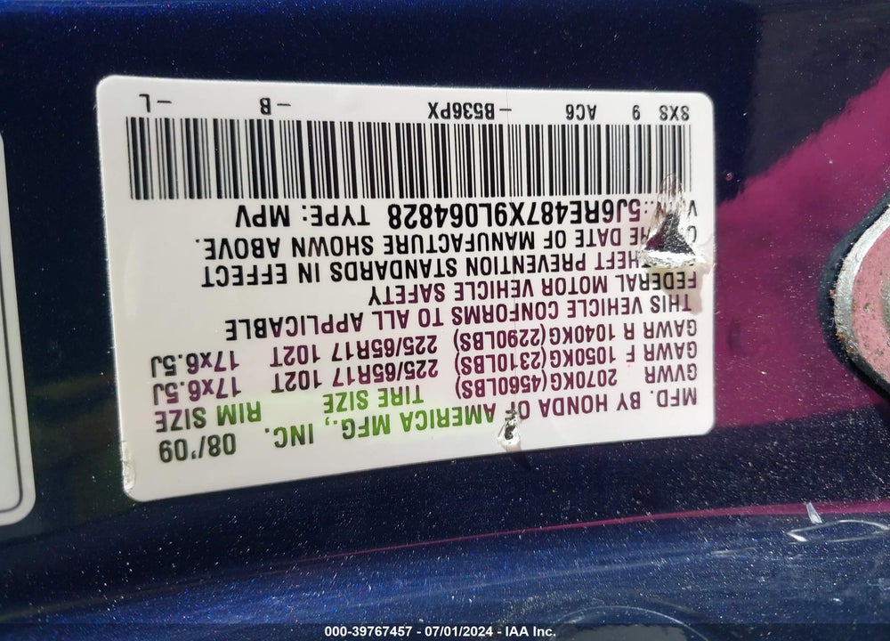 2009 HONDA CR-V EX-L VIN: 5J6RE487X9L064828