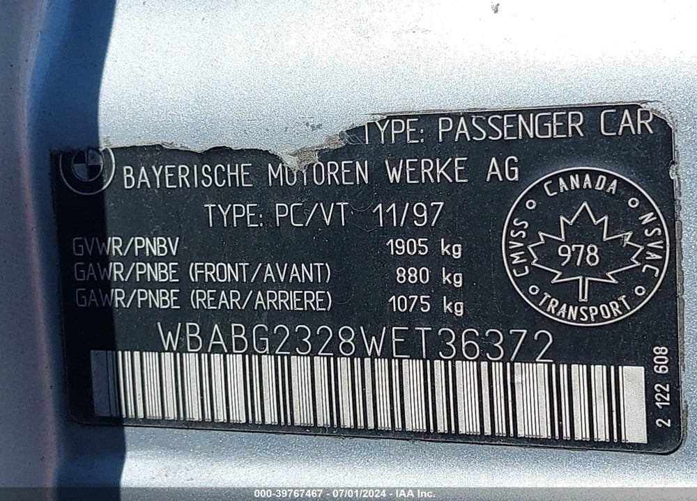 1998 BMW 328IS VIN: WBABG2328WET36372