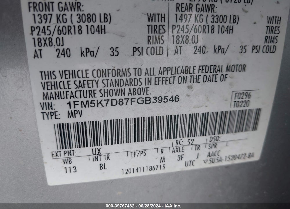 2015 FORD EXPLORER XLT VIN: 1FM5K7D87FGB39546