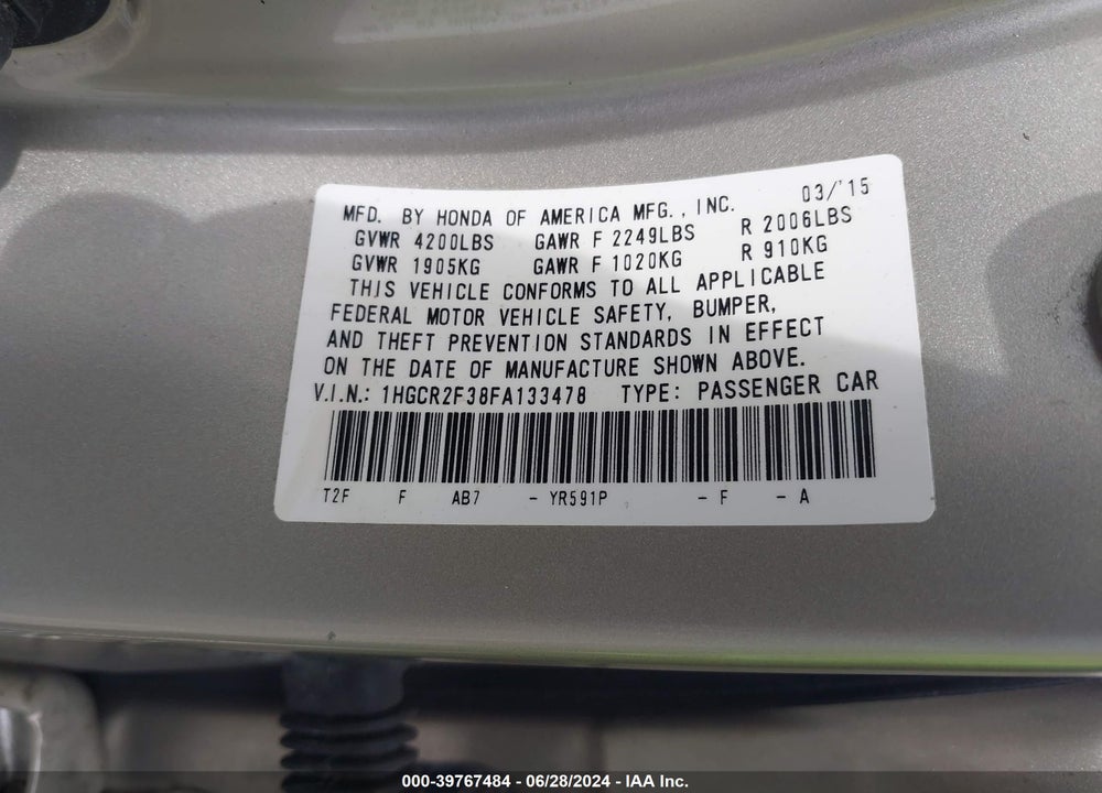 2015 HONDA ACCORD LX VIN: 1HGCR2F38FA133478
