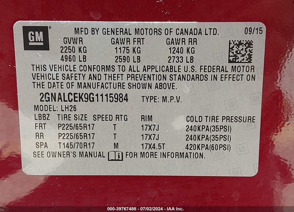 2016 CHEVROLET EQUINOX LT VIN: 2GNALCEK9G1115984