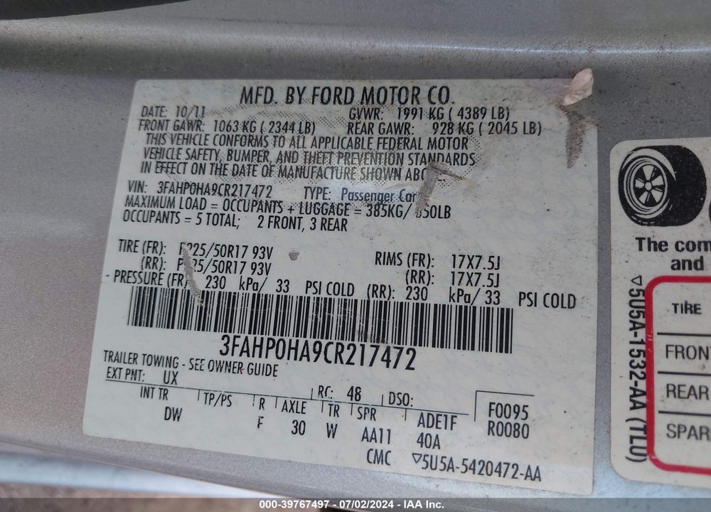 2012 FORD FUSION SE VIN: 3FAHP0HA9CR217472