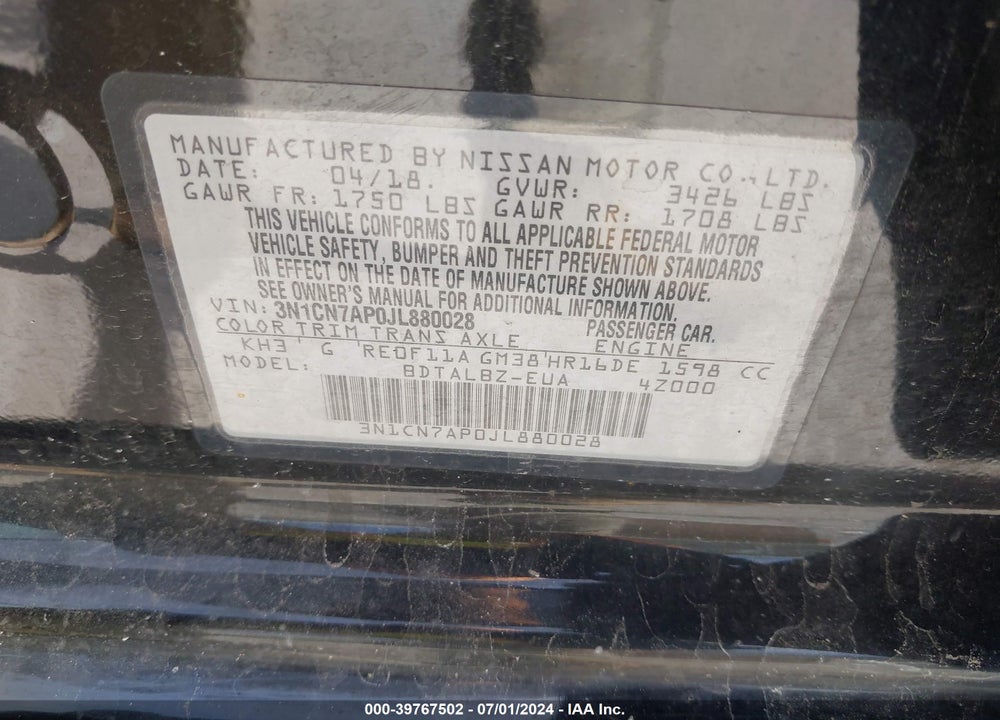 2018 NISSAN VERSA 1.6 SV VIN: 3N1CN7AP0JL880028