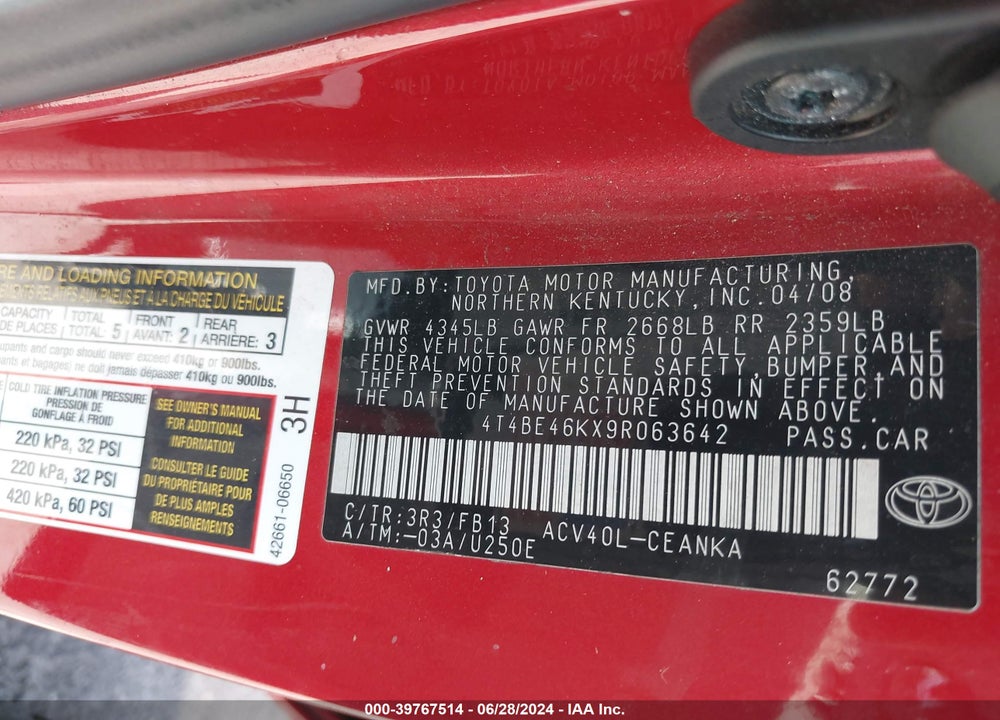 2009 TOYOTA CAMRY LE VIN: 4T4BE46KX9R063642