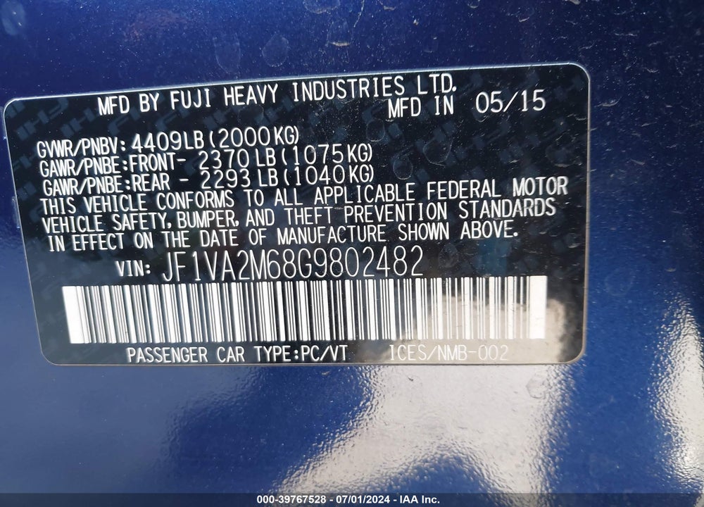 2016 SUBARU WRX STI VIN: JF1VA2M68G9802482