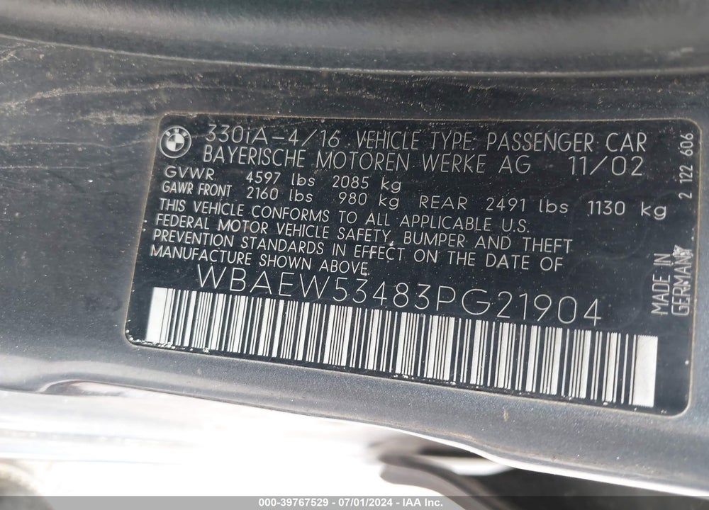2003 BMW 330XI VIN: WBAEW53483PG21904
