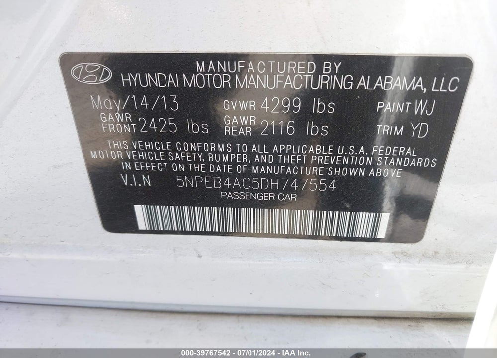 2013 HYUNDAI SONATA GLS VIN: 5NPEB4AC5DH747554