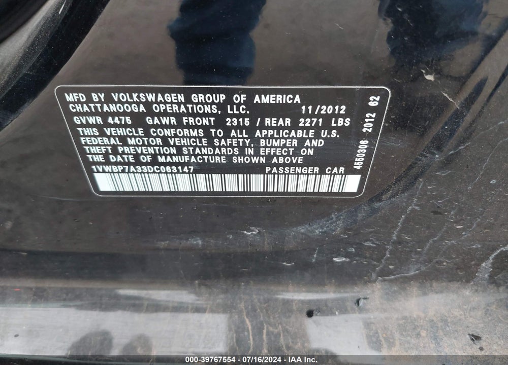 2013 VOLKSWAGEN PASSAT 2.5L SE VIN: 1VWBP7A33DC063147