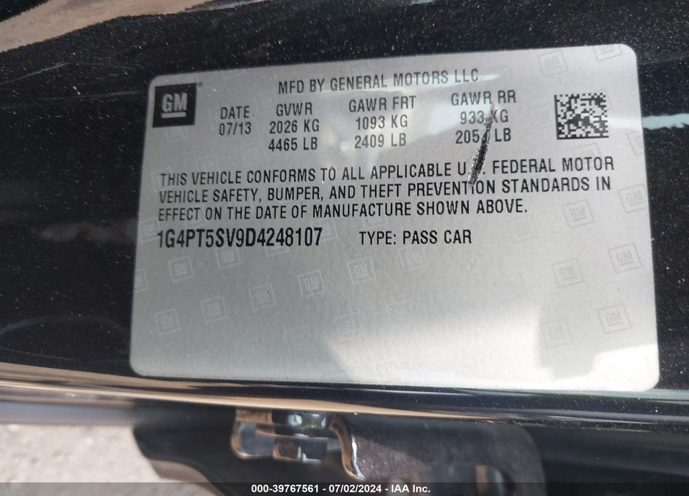 2013 BUICK VERANO PREMIUM GROUP VIN: 1G4PT5SV9D4248107