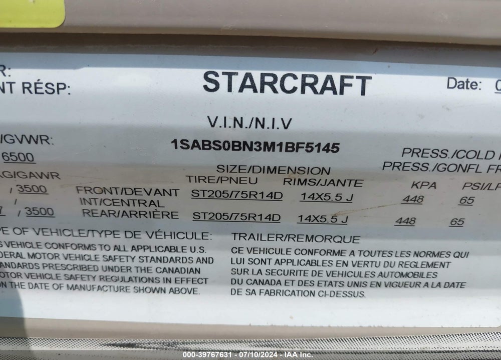 2020 STARCRAFT AUTUMN RIDGE VIN: 1SABS0BN3M1BF5145