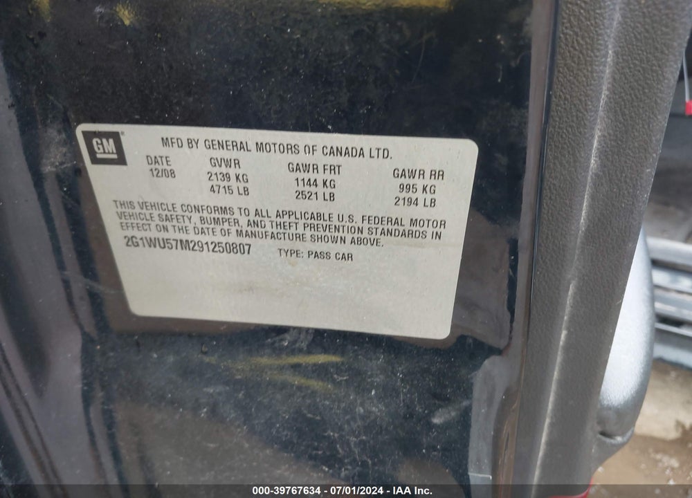 2009 CHEVROLET IMPALA LTZ VIN: 2G1WU57M291250807
