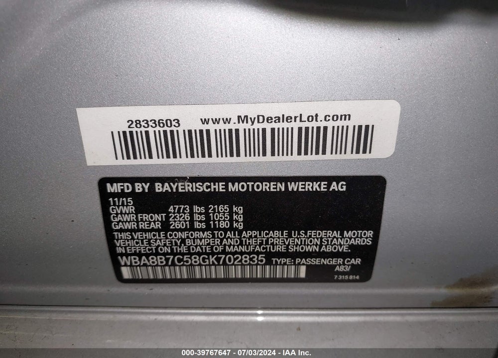 2016 BMW 340I XDRIVE VIN: WBA8B7C58GK702835