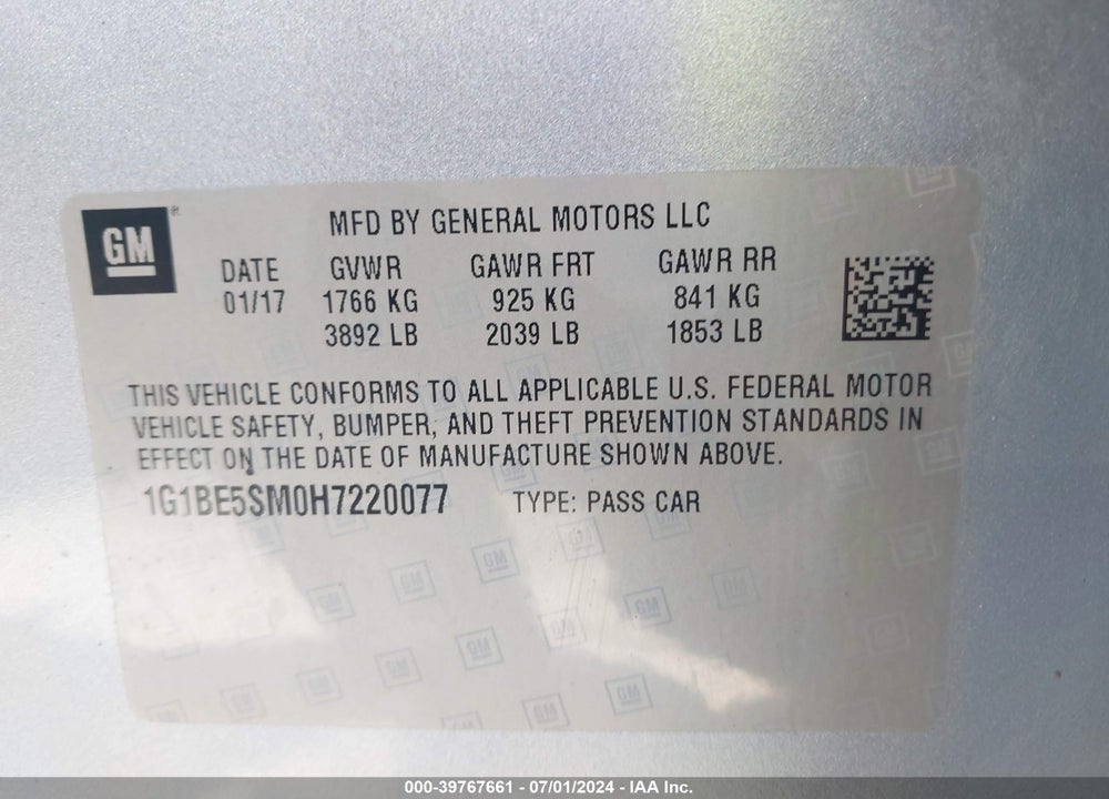 2017 CHEVROLET CRUZE LT AUTO VIN: 1G1BE5SM0H7220077