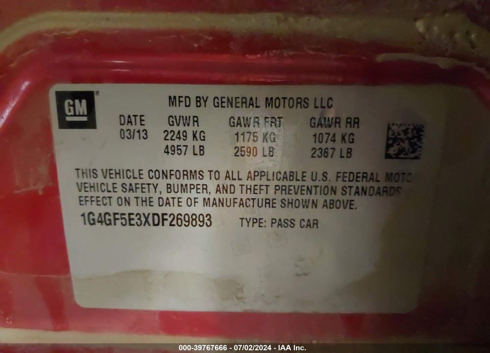 2013 BUICK LACROSSE PREMIUM 1 GROUP VIN: 1G4GF5E3XDF269893