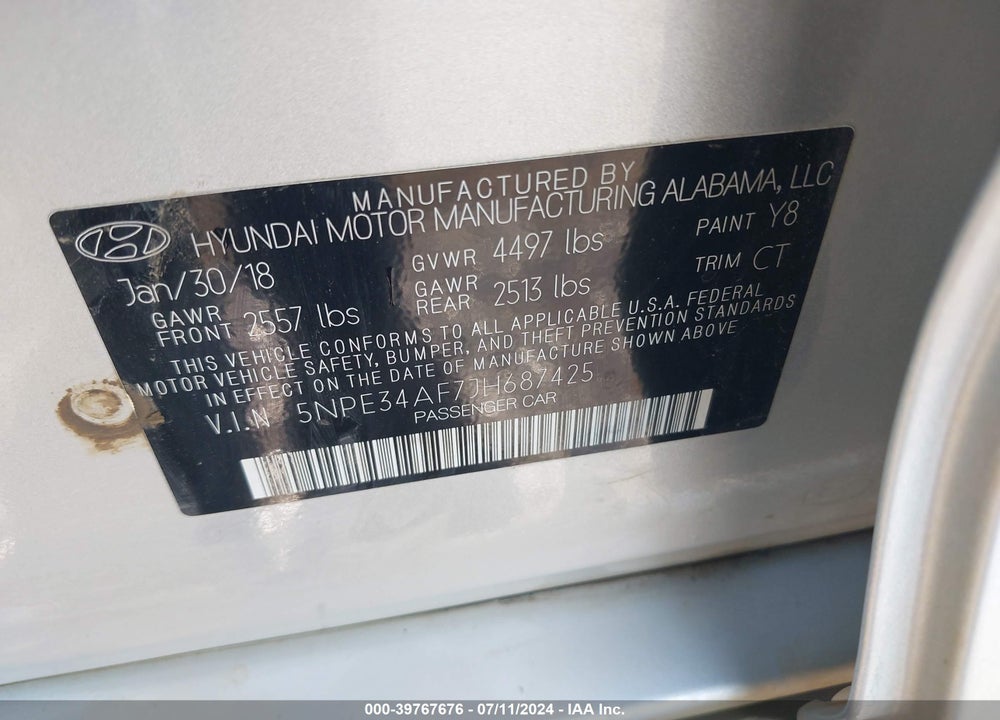 2018 HYUNDAI SONATA SPORT VIN: 5NPE34AF7JH687425