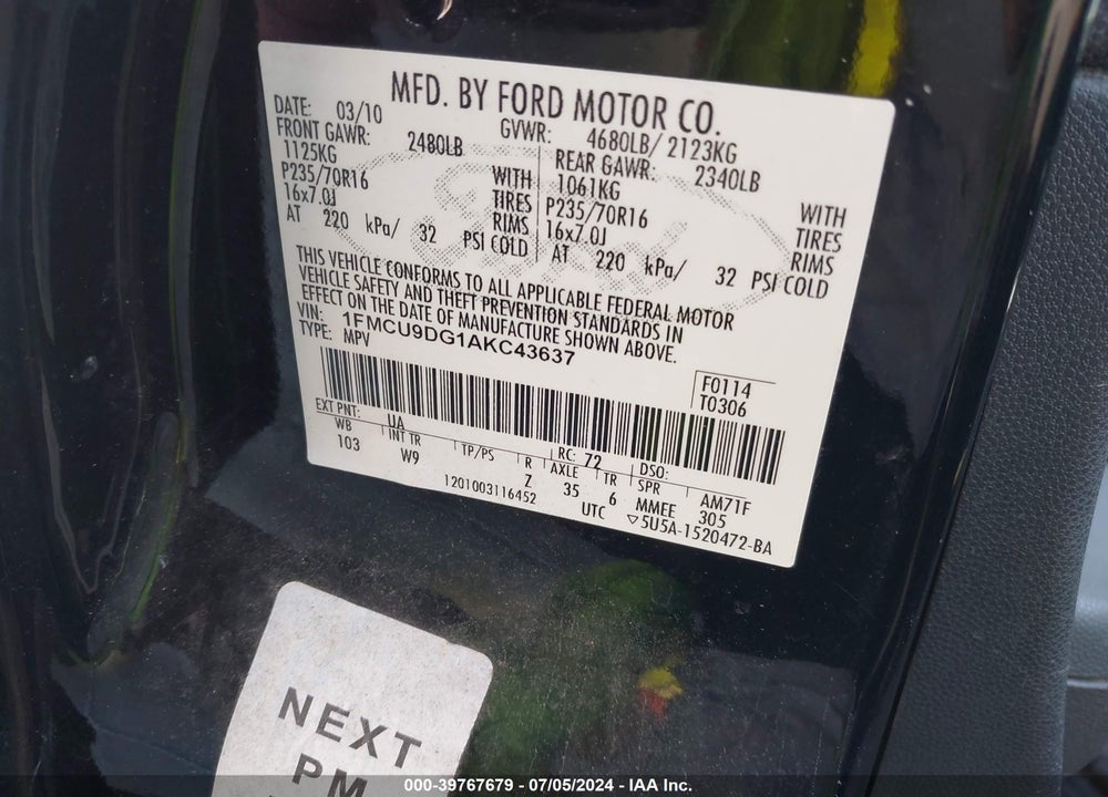 2010 FORD ESCAPE XLT VIN: 1FMCU9DG1AKC43637
