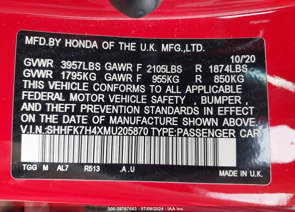 2021 HONDA CIVIC SPORT VIN: SHHFK7H4XMU205870