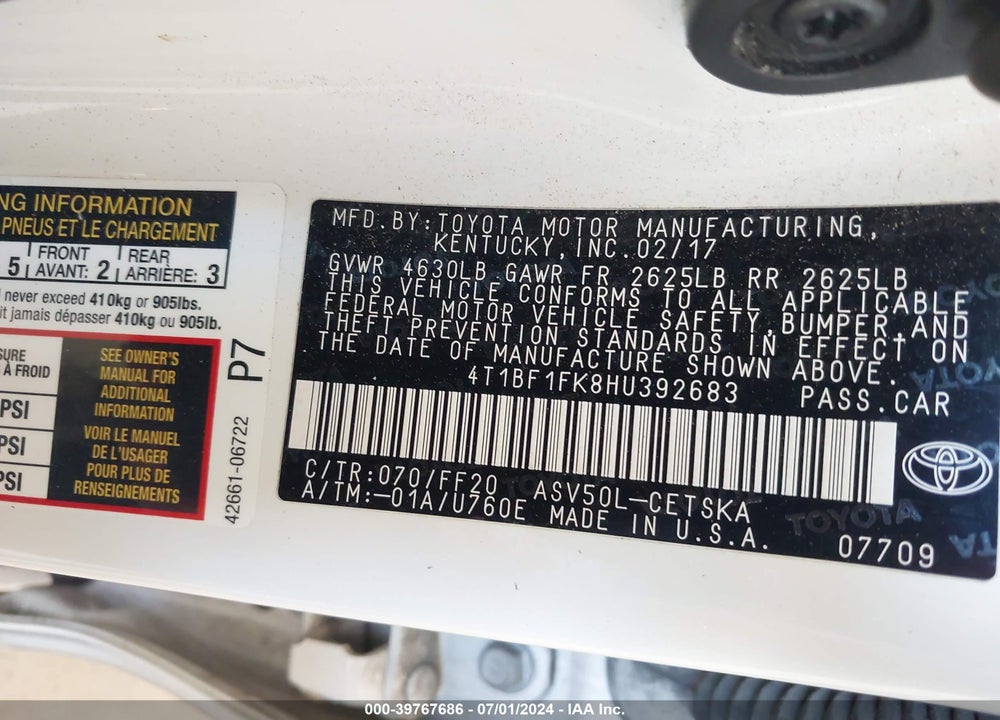 2017 TOYOTA CAMRY VIN: 4T1BF1FK8HU392683