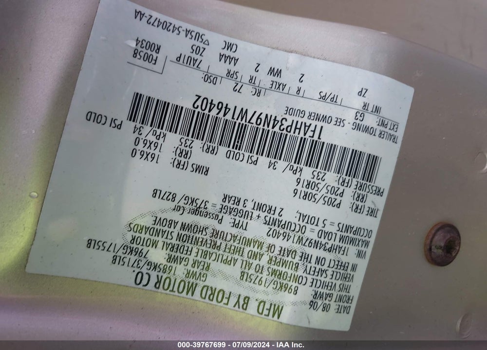 2007 FORD FOCUS S/SE/SES VIN: 1FAHP34N97W146402