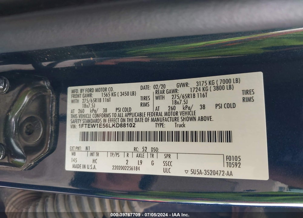 2020 FORD F-150 LARIAT VIN: 1FTEW1E56LKD88102