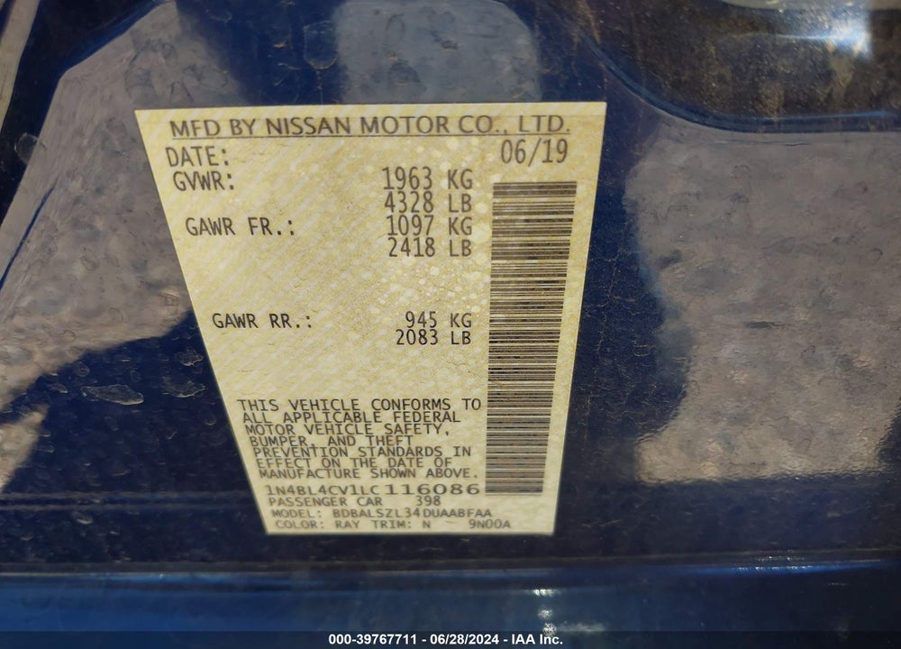 2020 NISSAN ALTIMA VIN: 1N4BL4CV1LC116086