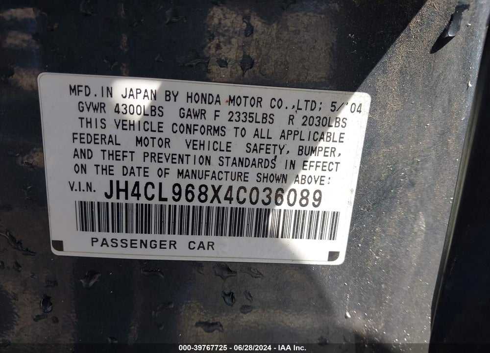 2004 ACURA TSX VIN: JH4CL968X4C036089
