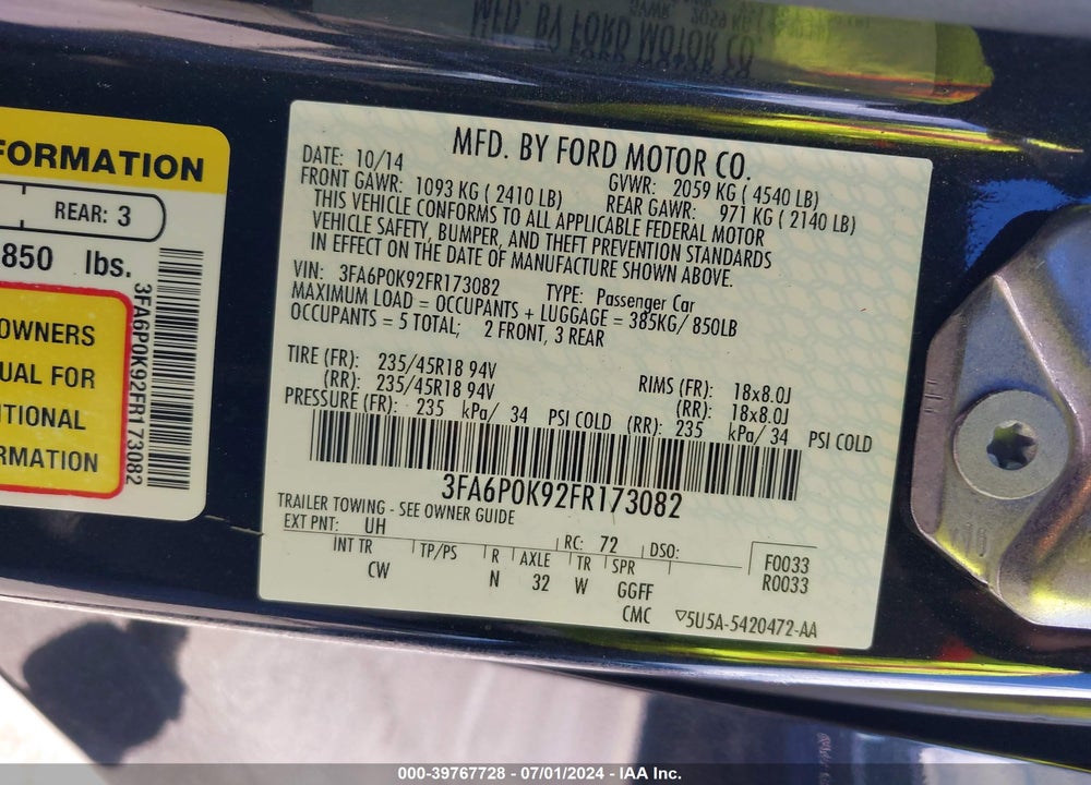 2015 FORD FUSION TITANIUM VIN: 3FA6P0K92FR173082