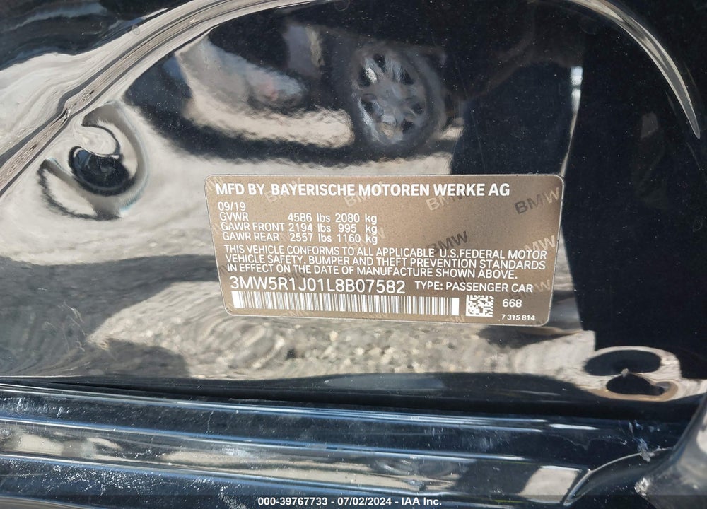 2020 BMW 330I VIN: 3MW5R1J01L8B07582