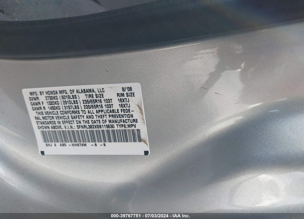2008 HONDA ODYSSEY LX VIN: 5FNRL382X8B115630