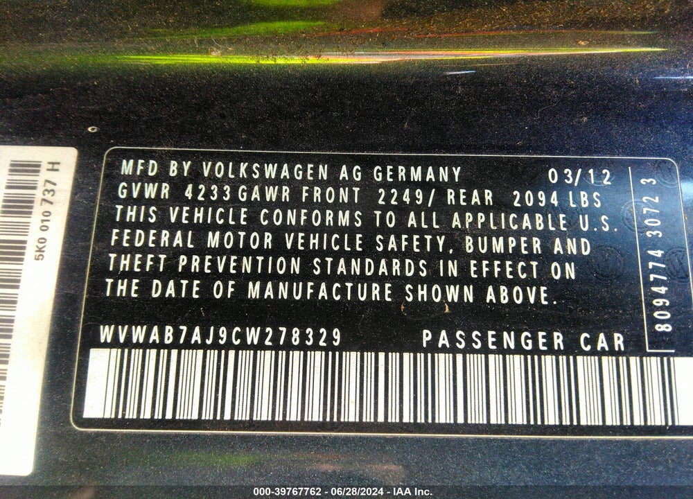 2012 VOLKSWAGEN GOLF 2.5L 2-DOOR VIN: WVWAB7AJ9CW278329