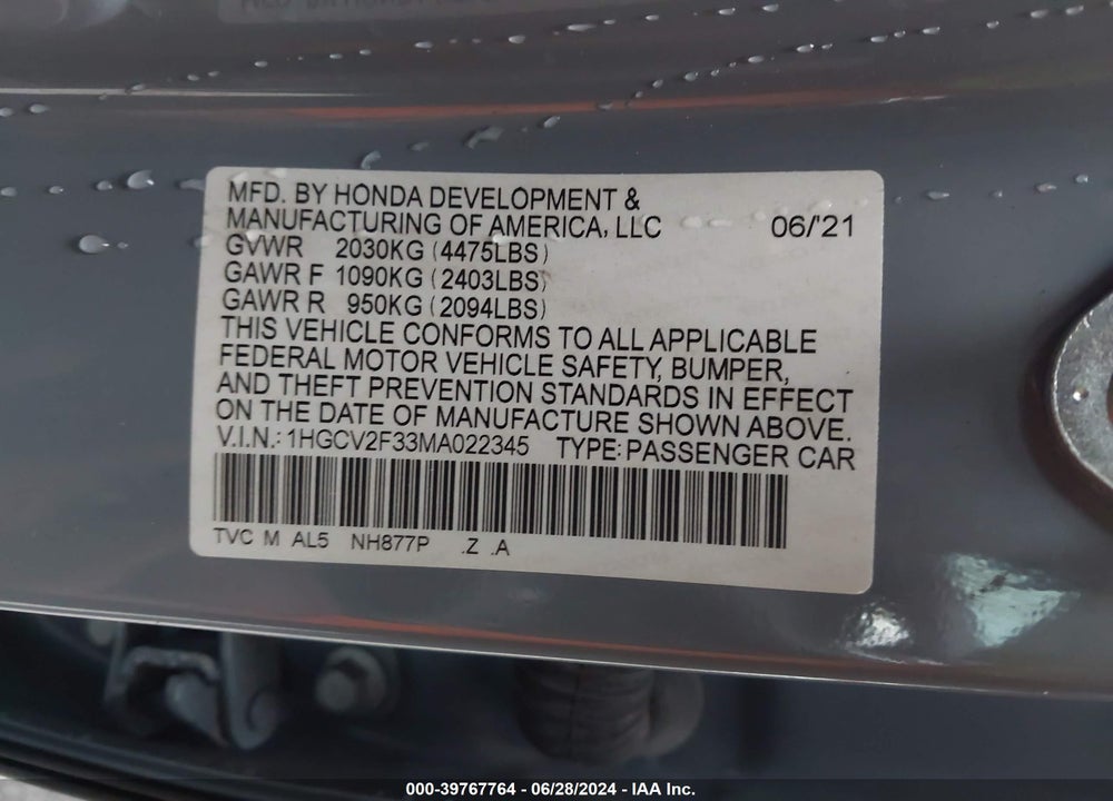 2021 HONDA ACCORD SPORT 2.0T VIN: 1HGCV2F33MA022345