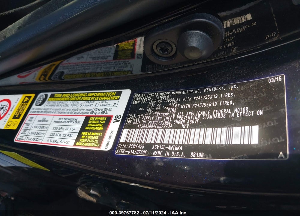 2015 TOYOTA VENZA LE VIN: 4T3BA3BB4FU072734