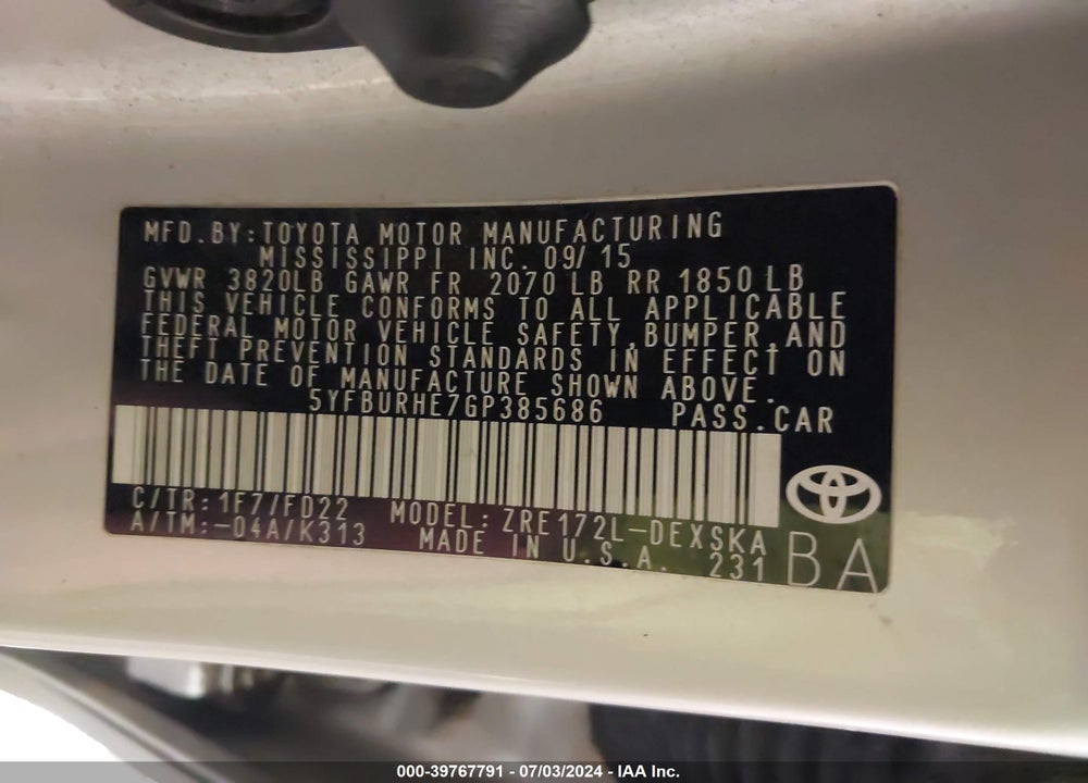 2016 TOYOTA COROLLA S VIN: 5YFBURHE7GP385686