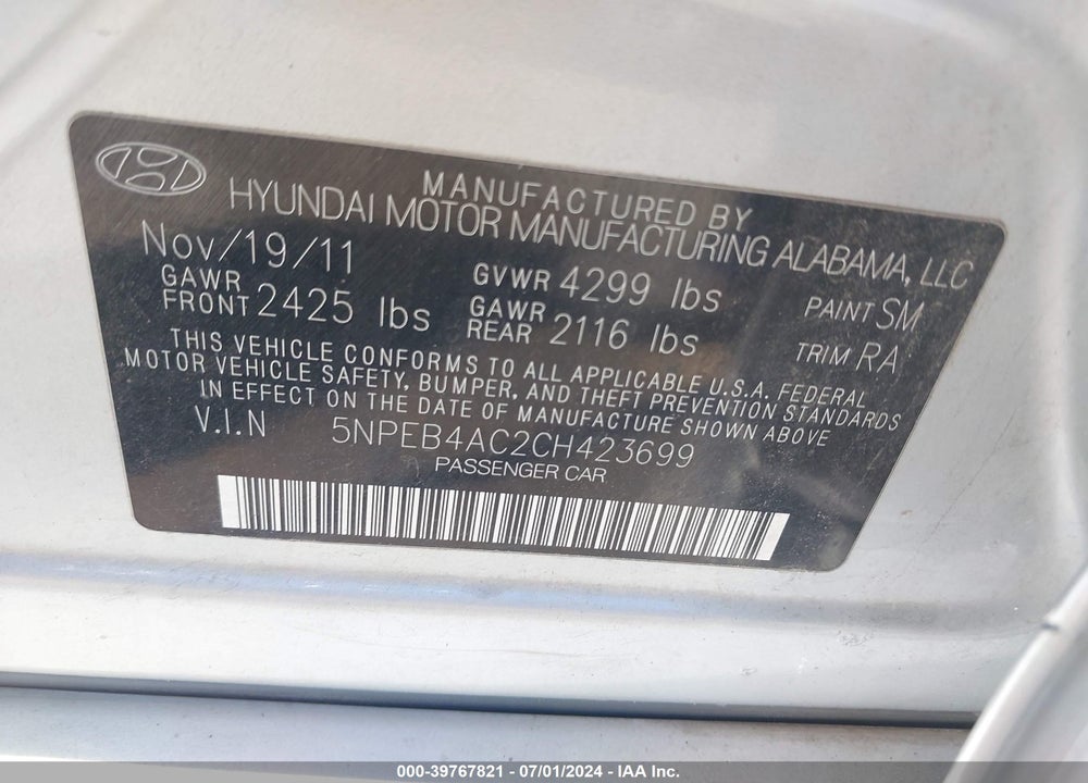 2012 HYUNDAI SONATA GLS VIN: 5NPEB4AC2CH423699