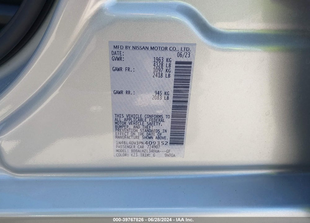2023 NISSAN ALTIMA SV FWD VIN: 1N4BL4DV3PN409352