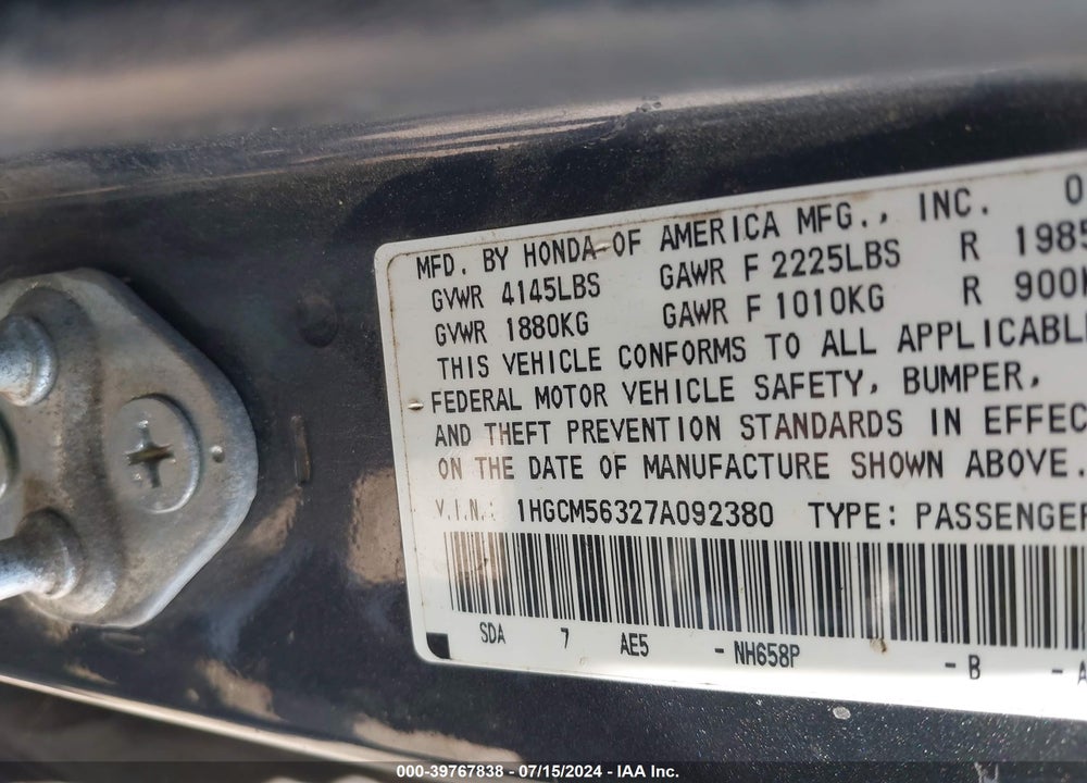 2007 HONDA ACCORD 2.4 SE VIN: 1HGCM56327A092380