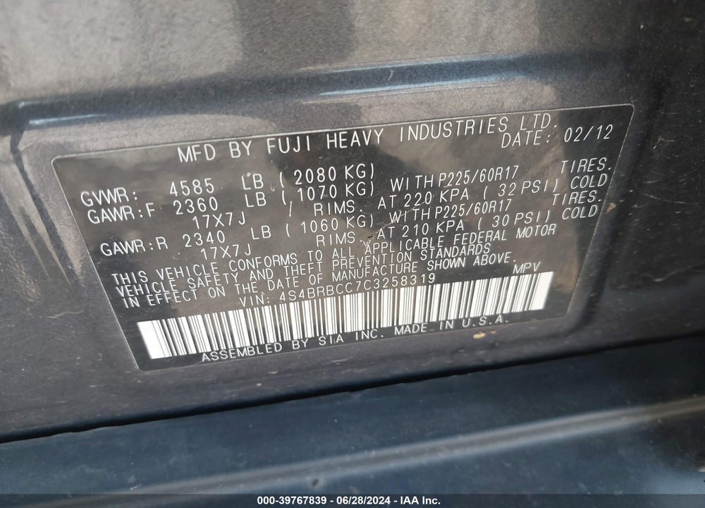 2012 SUBARU OUTBACK 2.5I PREMIUM VIN: 4S4BRBCC7C3258319