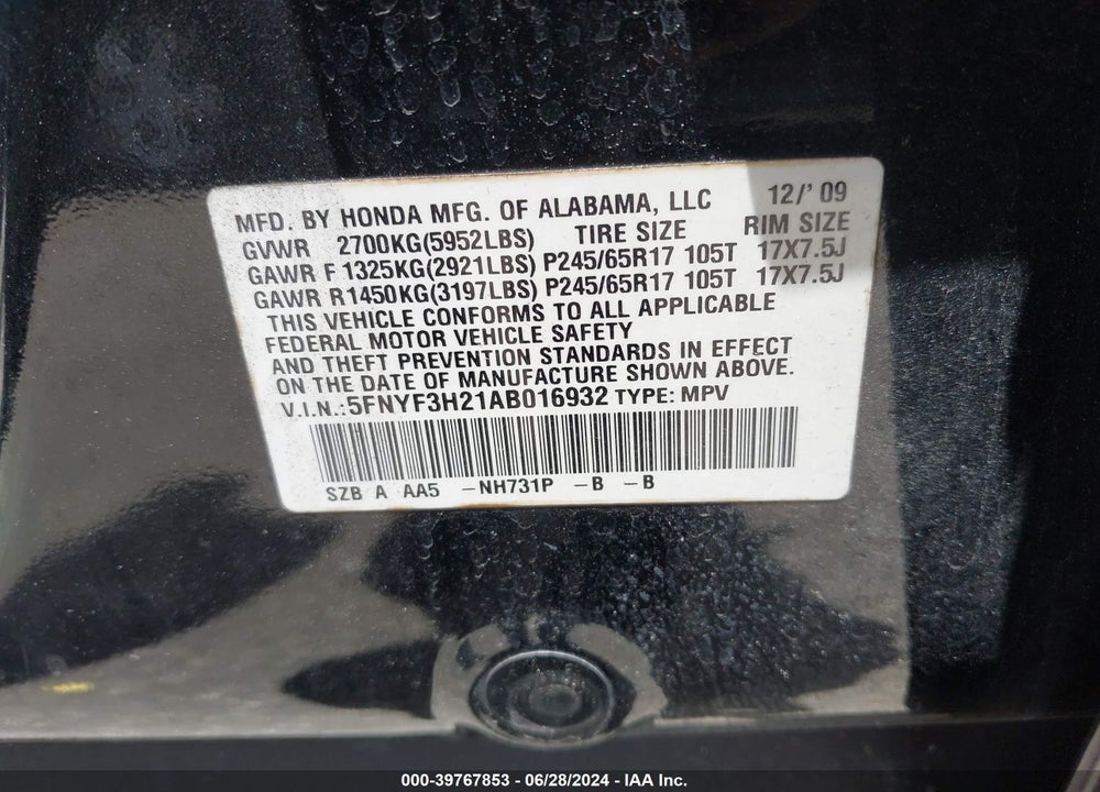2010 HONDA PILOT LX VIN: 5FNYF3H21AB016932